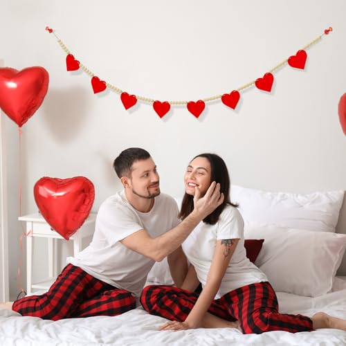 Image of Valentines Garland Decorations Banner, Pre-Assembled Wooden Hearts with Wooden Bead Garland for Valentines Day Decor, Hanging Banner for Mantel Home Fireplace Wall Party Decor