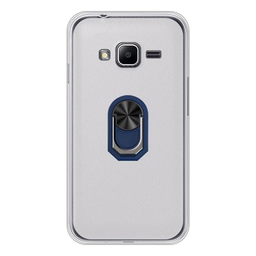 UOGNADGD Flexible Case + Ring Holder Compatible with Samsung Galaxy J1 Mini Prime Phone Shockproof Cover & Magnetic Mecha Style Finger Grip Kickstand (White+BlueRing)