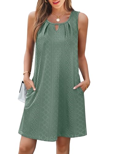Image of RUMIA Swimsuit Coverup for Women Summer Sleeveless Beach Dress | Crew Neck, Pockets, Eyelet, Boho, Above knee Length, A-Line. Everyday wear, Sundresses, Cruise Wear, Vacation essential