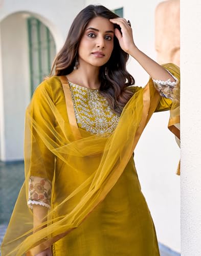 Image of SIRIL Women's Rayon Viscose Sequence Embroidery Straight Kurta Pant with Dupatta Set