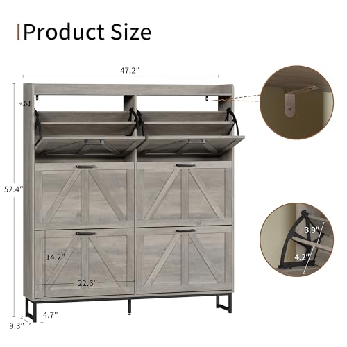 Image of Shoe Cabinet with 6 Flip Drawers, Freestanding Hidden Shoe Storage Organizer for Entryway, Narrow Slim Shoe Rack Cabinet with Open Storage & Hooks for Front Door Entrance, Living Room, Hallway, Grey