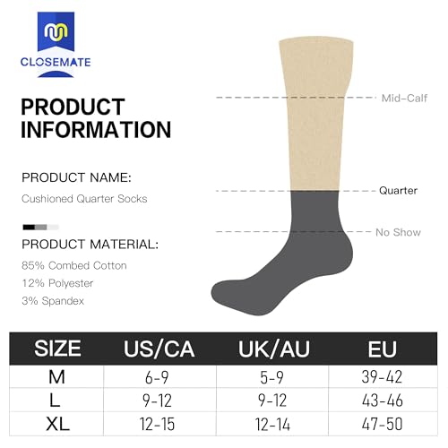 Closemate 6 Pack Men's Cushioned Ankle Athletic Socks for Running