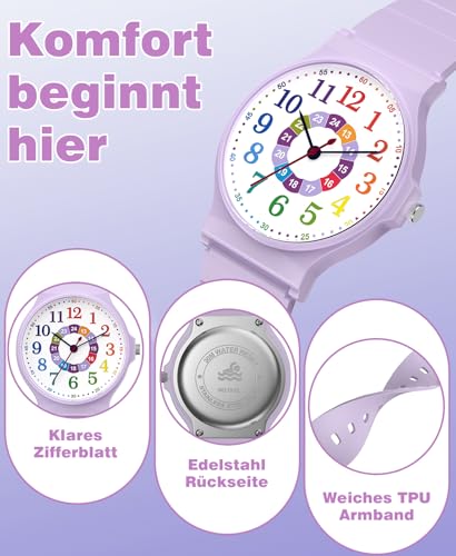 SOCICO Kinder Analoguhr Jungen Mädchen, 30M Wasserdicht Leicht Ablesbar für 5-15 Jahre, Tolle Geburtstags Kinder (Lila-Buntes)