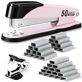 Deli Stapler Heavy Duty, Full Strip Staplers for Desk with 2000 Staples and Staple Remover, 50 Sheet Capacity, No Jam, Non-Slip Office Stapler with Staples for Office, Classroom, Pink