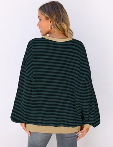 Image of UEU Women Oversized Striped Crewneck Sweatshirt Long Sleeve Color Block Pullover Tops Casual Loose Workout Shirt