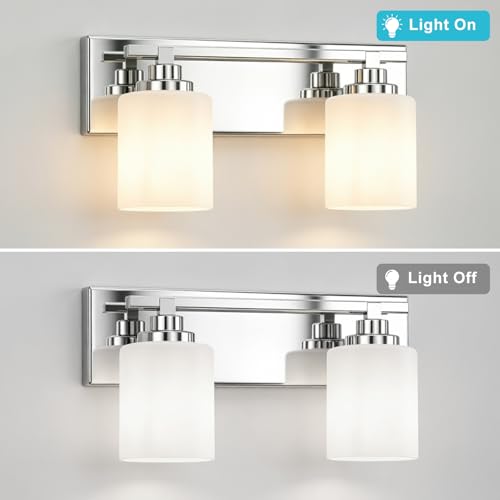 Image of Modern Bathroom Lighting Fixtures Over Mirror, Vanity Lights for Bathroom, Wall Sconces with Milky White Glass Shades, E26 Ceramic Socket, 2-Light 14-inch Chrome