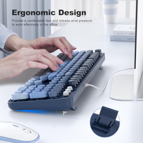 Image of MOWUX Computer Keyboard Wired, Plug and Play USB Retro Round Typewriter Keyboard, Full Size Wired Keyboard with Foldable Stands for Laptop and Office PC- Sea Blue Gradient
