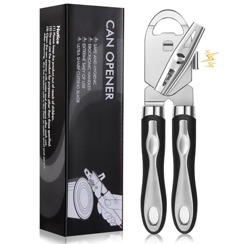 Brencco 3 en 1 Abrelatas Manual, Can Opener Borde Liso, Abridor de Latas Negro Ergonómico, Abrelatas Profesional para Manos Débiles Personas Mayores y Personas con Artritis