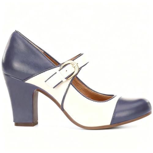 Image of SHODENSE Women Vintage Chunky High Heel Mary Jane Shoes Round Closed Toe Ankle Strap Dress Sandals 3 inch Block Heels Mary Jane Lolita Pumps Two-Toned Patchwork Buckle Office Lady Wedding Retro 4-11 M US