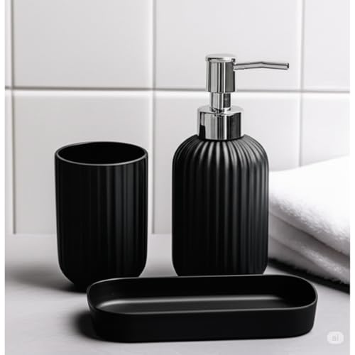 Image of 3PCS Set Bathroom Soap Dispenser Set with Toothbrush Holder and Vanity Tray Unbreakable (Black)