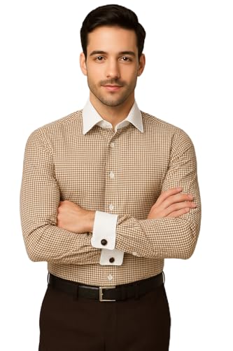 Image of Men's Premium Cotton Formal Dress Shirt - White Collar & French Cuffs with Cufflinks | Solid White, Micro Check & Striped for Office, Wedding