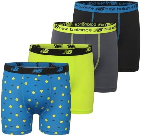 New Balance Boys and Toddler Boxer Briefs, Moisture Wicking Breathable Underwear, Tagless, Assorted (2 Performance/ 2 Mesh), Blue Oasis/Thirty Watt/Thunder/Black, Large