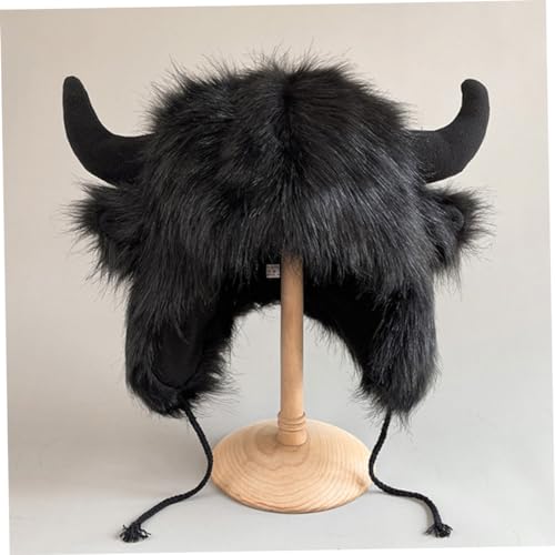 Funny Cow Head Plush Hat Warm Ox Horn Winter Cosplay Hat for Men Women Black3