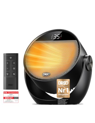 Dreo Heizlüfter Energiesparend Klein, Leiser 1500W Tragbar Heizlüfter mit Fernbedienung, Thermostat, 60° Neigbar, 8 Sicherheitsfunktionen, PTC-Keramik,12-Std-Timer, 3 Modus 3 Geschwindigkeit, Schwarz
