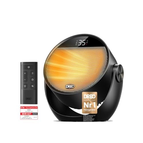 Dreo Heizlüfter Energiesparend Klein, Leiser 1500W Tragbar Heizlüfter mit Fernbedienung, Thermostat, 60° Neigbar, 8 Sicherheitsfunktionen, PTC-Keramik,12-Std-Timer, 3 Modus 3 Geschwindigkeit, Schwarz