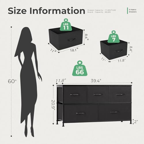 OLIXIS Dresser for Bedroom, 5 Storage Fabric Drawers, Metal Frame and Wooden Top, Tall Storage Drawer Dresser for Closet with Easy Pull Handles for Living Room, Entryway, Small Space Black - Image 4