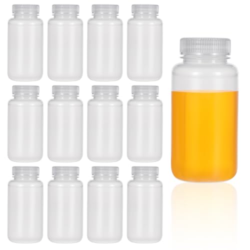 KALIONE 12 Pcs 8oz/ 250ml Plastic Bottles with Caps, Polypropylene Wide Mouth Reagent Bottle, Plastic Sample Bottles, Translucent Liquids Storage Containers for Lab Classroom Home