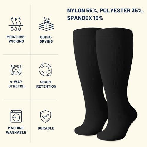 Image of Plus Size Compression Socks 20-30mmHg Wide Calf for Men Women, Extra Large Compression Stockings Support for Running, Travel, Nurses, Pregnancy (3 Pairs)