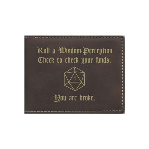 D&D Gift Engraved Wallet Leatherette - Wisdom Check Crit Fail You are Broke - dnd, Dungeons Dragons, Nerdy Gifts (Rustic)