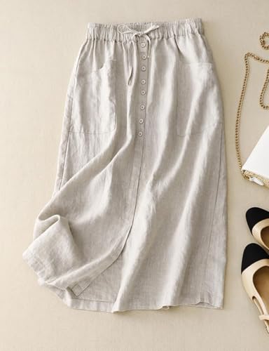 IDEALSANXUN Linen Skirts for Women Summer A Line Flowy Casual Drawstring High Waist Button Down Midi Skirts with Slit2
