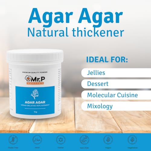 Mr.P Ingredients Agar Agar 1 Kg Powder Vegan Gelatine Replacement Ideal for Jelly Mousse Molecular Gastronomy Gelling Agent Vegan Vegetarian Halal Kosher Non-GMO (Recyclable Pot)