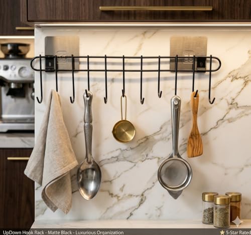 Image of Wall Mounted Kitchen Utensil Hanger with Adhesive Hooks | Heavy Duty Metal Spoon & Ladle Holder Rack | No Drilling Kitchen Organizer for Cooking Tools, Cups & Accessories (Black)