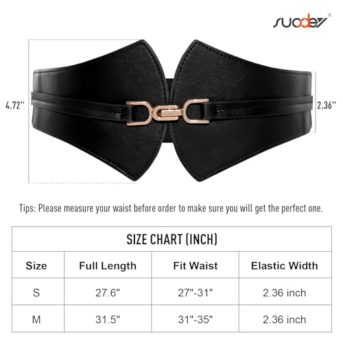 Image of SUOSDEY Women's Elastic Wide Waist Belt for Dress Retro Stretchy Leather Cinch Belt with Gold Buckle, 01-black, Fits Waist From 27 inch-31 inch