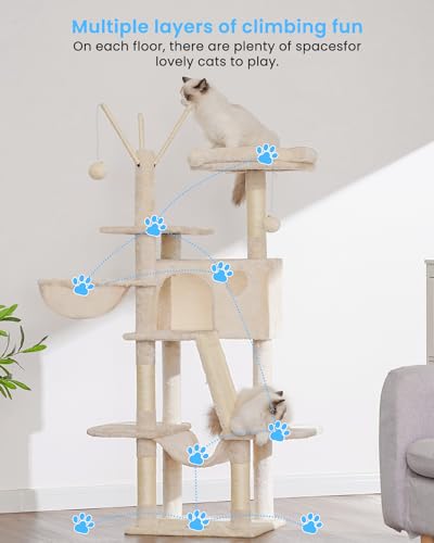 Hey-brother Kratzbaum, 134,6 cm, Katzenturm für Indoor-Katzen, Katzenhaus mit gepolstertem Plattformbett, Spielzeugbälle, großer gemütlicher Höhle, Hängematten und Sisal-Kratzbäume, Beige MPJ019-SM
