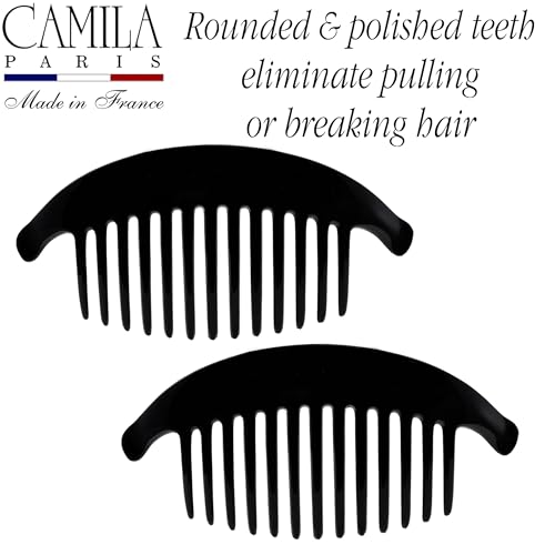 Image of Camila Paris CP2872 /2 French Hair Side Combs, Black Interlocking Combs French Twist Hair Combs, Strong Hold Hair Clips for Women Bun Chignon Up-Do, Styling Girls Hair Accessories, Made in France