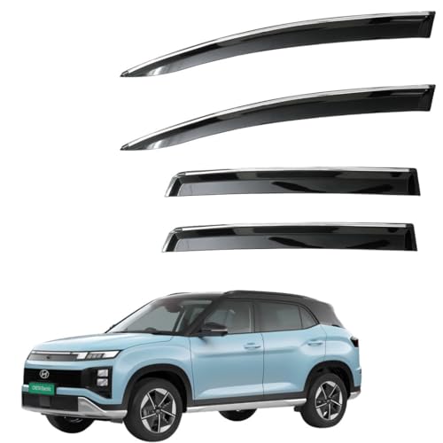Image of CAR SAAZ Unbreakable Chrome Smoke Door Visor for Creta Electric (2025-Present)| Premium Sun, Rain Wind Deflector Chrome Strip Side Door Rain Visor - Set of 4 Pcs