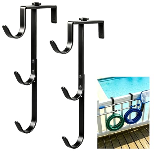 2 Pack Upgraded 3-Tier Pool Fence Hooks for Pool Equipment Adjustable Heavy Duty Pool Pole Hanger Holder Rustproof Hooks for Pool Skimmer Pole Vacuum Hose Net Leaf Rakes Garden Tool Organizer