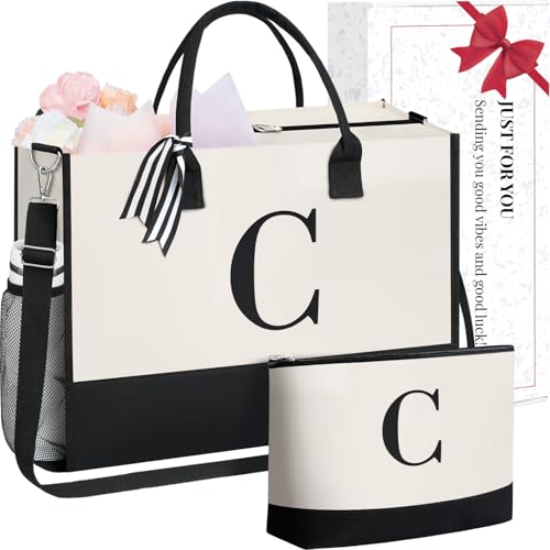 BAGAIL Personalized Initial Tote Bag,Birthday Gifts for Women, Monogrammed Beach Bag for Mom, Teachers, Friends(Ivory, C)