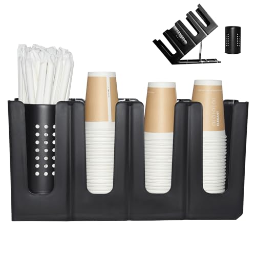 Cup Holder Lid Dispenser with Straw Organizer,4 Compartment 7 Adjusting,Cup Storage Organizer for Breakroom Countertop Coffee Station Bar Restaurant