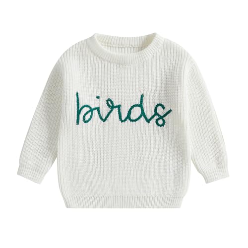 Baby Boy Girl Football Sweater Birds Embroidery Long Sleeve Knit Pullover Sweatshirt Casual Toddler Game Day Clothes (White, 12-18 Months)