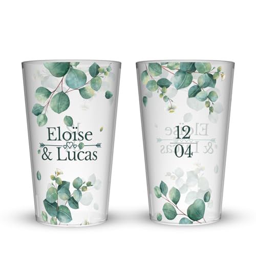 Wobz - Gobelet Personnalisé Mariage Branche Fleuri - Translucide - Impression Quadrichromie - Fabriqué En France - Prénoms Et Date Personnalisables - 25 cl - Pack de 10, 25, 50, 100, 250 ou 500