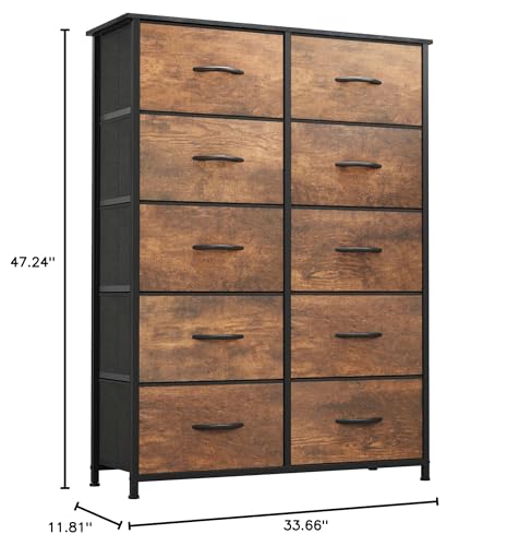 GOOBED 10 Drawers Dresser - Fabric Storage Tower Organizer Unit for Bedroom, Living Room, Hallway, Closets - Sturdy Steel Frame, Wooden Top & Easy Pull Fabric Bins