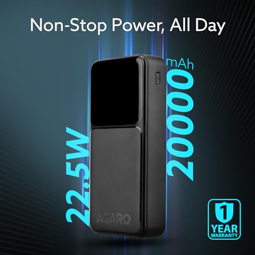 Image of AGARO Imperial Power Bank 20000 mAh, 22.5W Power Delivery for Smartphones, Portable, USB C & Micro Input, USB A1,A2 & C Output, Fast Charge Technology for Tablets, Headphones and Hi-Powered Devices