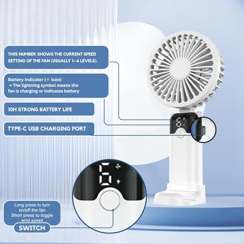 Image of One94Store Rechargeable Handheld Fan with 1800mAh Battery, 4-5 Hours Battery Backup, 6 Speed Touch Control, Portable Mini Fan with Mobile Stand for Travel, Office, Home & Outdoor Use (White)