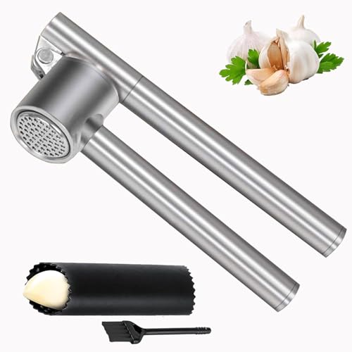 Twiller Stainless Steel Garlic Press, Dishwasher Safe, Easy to Clean, Ergonomic Handle, Garlic Cutter with Peeling Aid and Brush, Silver