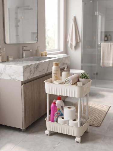 2 Katlı Tekerlekli Organizer Sepet, 28x17 cm, Beyaz/Antrasit Gri, Banyo ve Mutfak Organizeri(Beyaz)