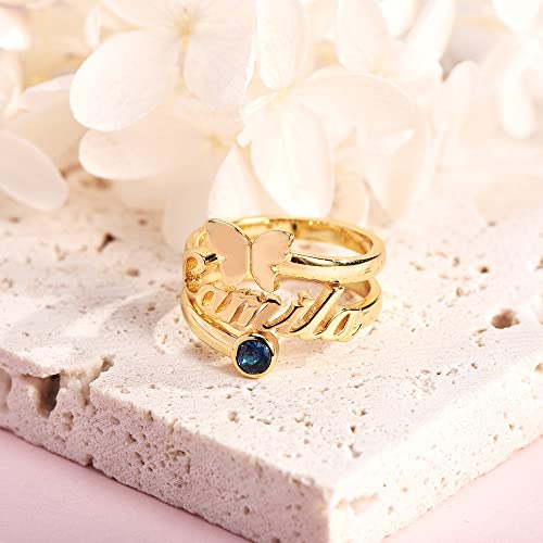 10K 14K 18K Solid Gold Butterfly Rings for Women Personalized, Custom Name Ring Bands with Birthstone Jewelry Gift for Engagement Mother's Day Christmas Birthday Size 4-124