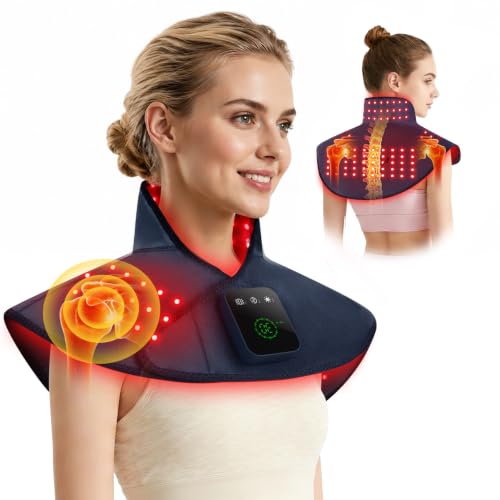 Red Light Therapy for Neck Shoulder, 122 LED 660nm&850nm Infrared Light Therapy Wrap, Wearable Therapy Pad with Massage Function & Timer Modes for Home Office Use