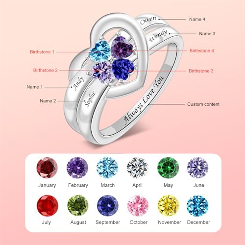 LucySky 925 Sterling Silver Birthstone Ring for Women With 4 Birthstones and Custom Engraved Name - Heart Promise Wedding Ring Gift for Valentine's Day, Mother's Day, Anniversary4