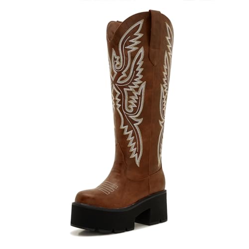 Image of Uillnoodu Women's Red Platform Cowgirl Boots with Zipper - Western Knee-High Chunky Sole Cowboy Boots