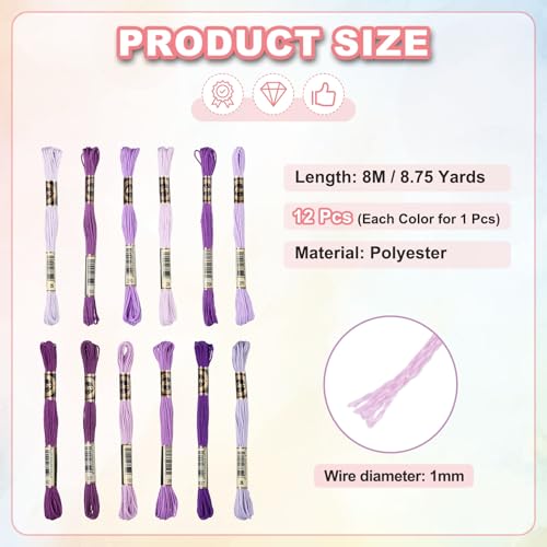 Image of PATIKIL 12 Skeins Embroidery Floss Polyester Embroidery Threads Bracelets String for Cross-Stitch Hand Embroidery, Light Purple