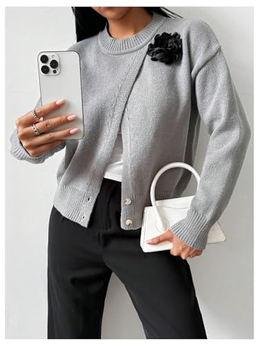 MakeMeChic Women's Wrap Cardigan Sweater Flower Button Down Pullovers Tops4