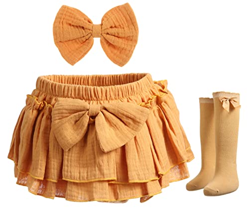 Newborn Baby Girl Cotton Skirts with Built-in Shorts Toddlers Ruffle Diaper Covers Infant Skorts with Bows Headband