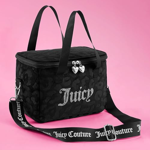 Juicy Couture Chill Couture Lunch Tote Bag With Adjustable Strap, Black Debossed Leopard Velour with Silver Juicy Rhinestones - Women's Lunch Box Bag for Work, School, Travel