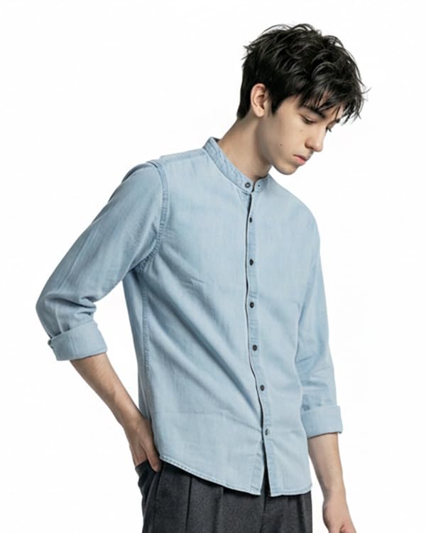 amazon brand - inkast Men Cotton Regular/Mandarin Collar Denim Shirt | Full Sleeves | Regular Fit-picture-29