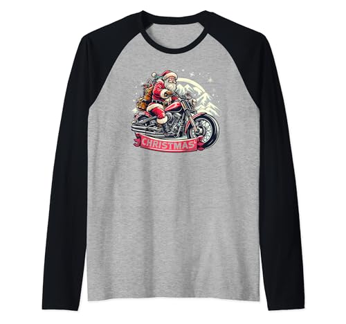 Biker Santa Motorcycle Fan Merry Christmas Xmas Biking Men Maglia con Maniche Raglan